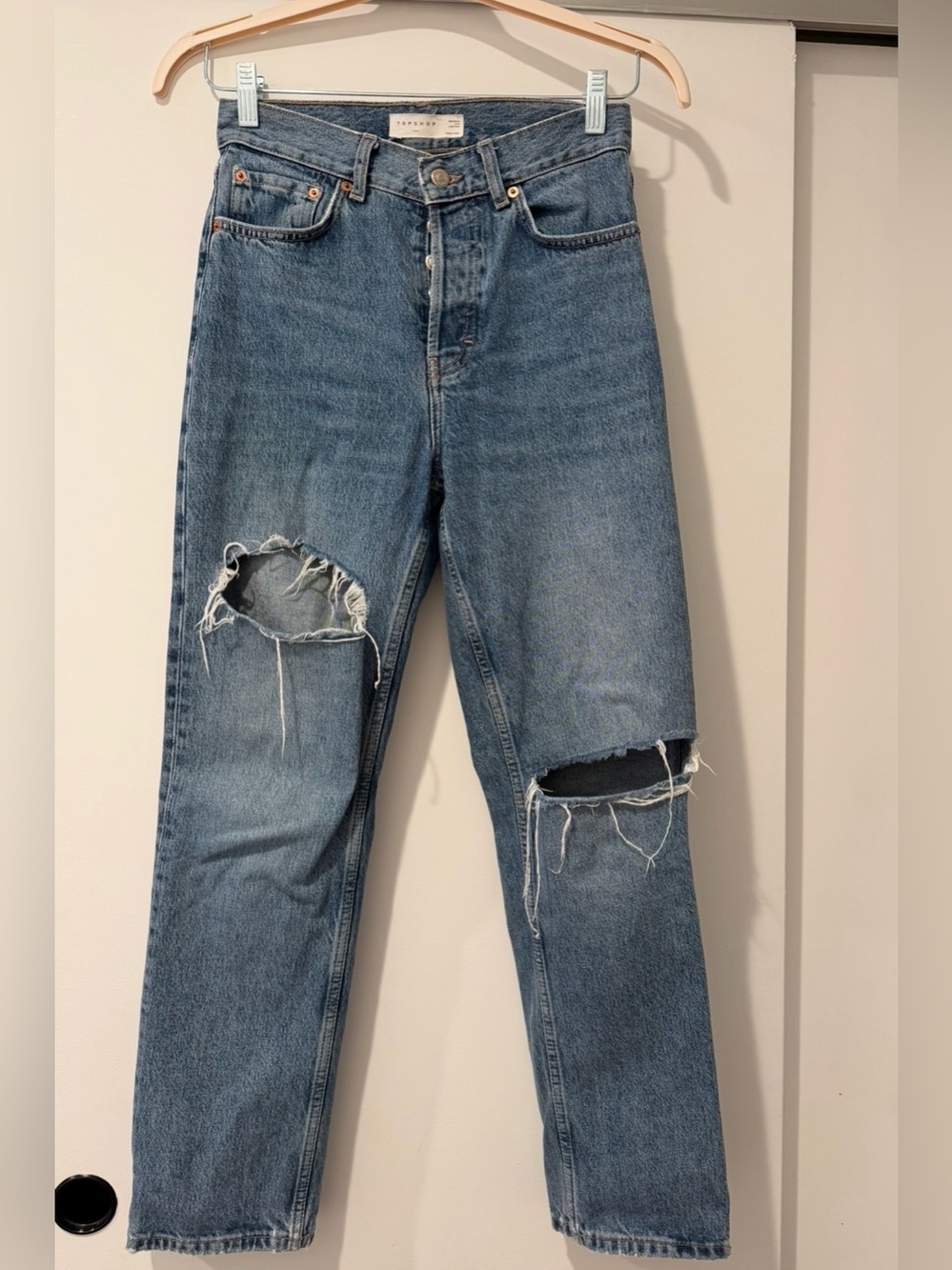 Topshop Medium Blue Straight Ripped Jeans